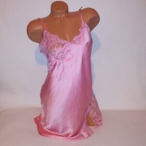 Victoria Secret Lingerie Chemise Slip Large Pink Lace Trim Solid Satin New